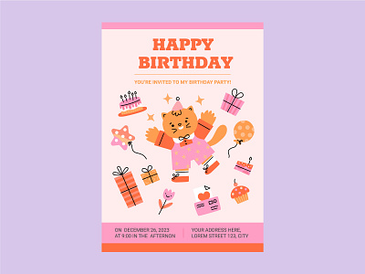 Birthday invitation template design and illustration for Freepik cat illustration character design flat flat character flat illustration graphic design hand drawn illustration illustration invitation design invitation template modern flat vector vector illustration