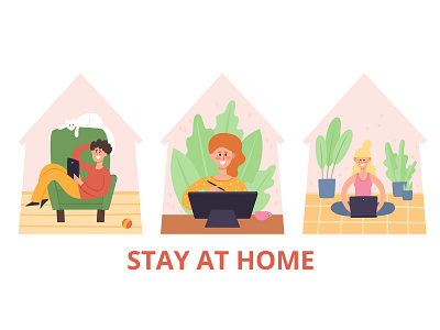 Stay at home cartoon character concept art corona coronavirus covid19 distant work flat freelancer house illustration man prevention quarantine remote work stay at home stay safe stayathome vector woman