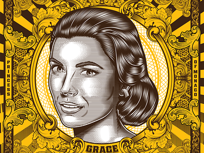 Grace Princess of Monaco art beauty design engraving face fan art figurative flourish grace kelly illustration ornament portrait retro sratchboard vector vintage woodcut