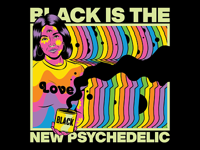 Black Psychedelic 60s art black chromatic aberration color design flower power funky groovy hippie illustration psychedelic rainbow retro sixties surrealism trippy vector vintage woman