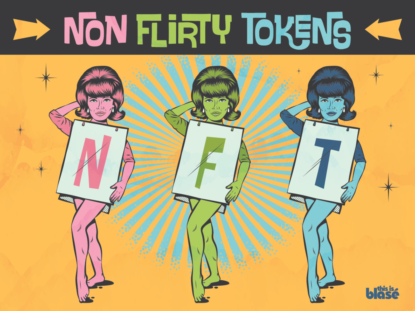NFT... Non Flirty Tokens coinbase color crypto design ethereum fifities girl illustration lettering music nft retro sixties typography vector vintage