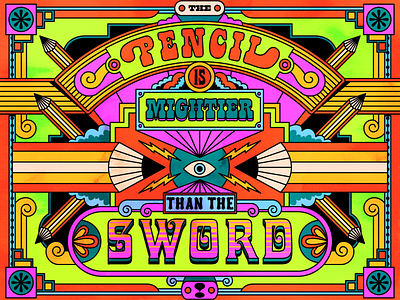 The pencil is mightier than the sword design illustration psychedelic quote retro surreal typography vector vintage