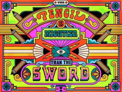 The pencil is mightier than the sword design illustration psychedelic quote retro surreal typography vector vintage