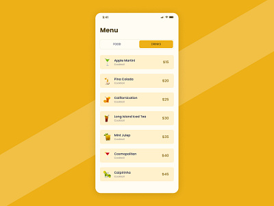 Menu dailyui dailyui043 dailyui43 drinks menu menu menu by shaheeraltaf menu shaheeraltaf menuui ui uimenu yellow drinks menu yellow menu