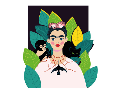 Frida bird cat frida girl illustration leaves monkey vector