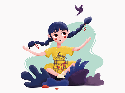 girl with a cage bird cage girl illustration
