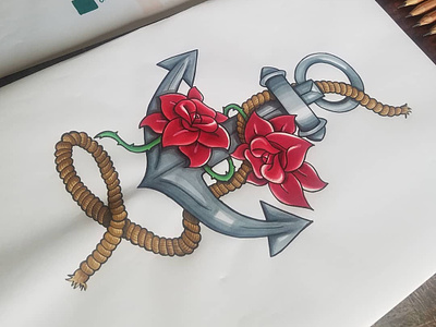 Dessin old school ancre marine et roses tatoo ancre colorisation dessin graphiste illustration roses tatoo