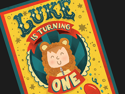 Luke is Turning One art artwork bear birthday blue circus cute illustration invitation lettering red yellow