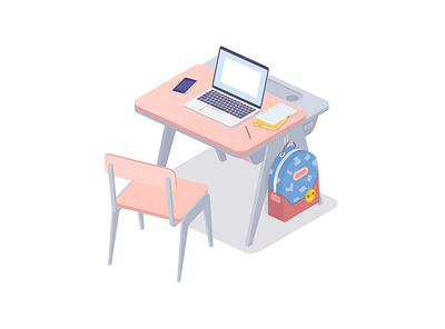 School desk 2d 3d backpack book desk illustration illustrator iphone isometric isometry laptop minimal notebook school vector