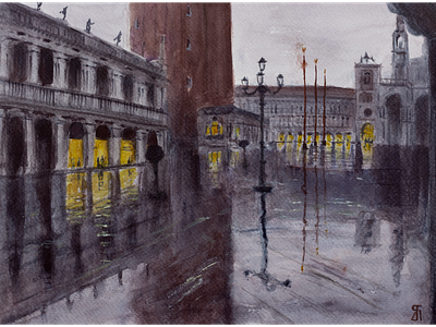 Rainy campanile fineart illustration landscape painting painting venice watercolor watercolorpainting