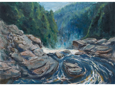 Falls, n°3 (Acrylic) acrylic brushstrokes chute fineart forest illustration impressionist landscape landscape painting nature painting quebec rocks saint anne falls water waterfalls