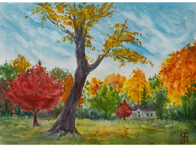 Exuberance (Watercolor) autumn colors fall fineart illustration impressionist landscape painting painting trees watercolor watercolor painting