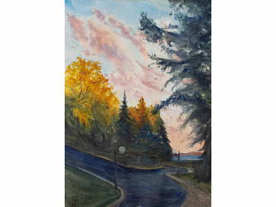 Quiet evening (Watercolor) autumn canada clouds fall fineart illustration impressionist landscape painting painting realism sunset watercolor watercolor painting
