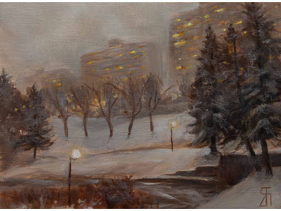 Foggy evening (Acrylic) acrylic painting cityscape fineart fog illustration impressionist painting quebec snow winter