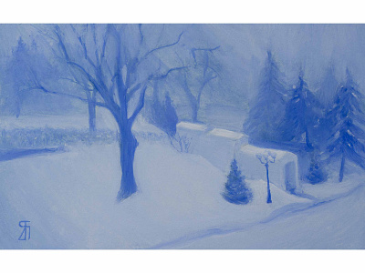 Blue haze (Gouache) blue fineart gouache haze illustration impressionist landscape painting monochromatic nature painting quebec snow winter