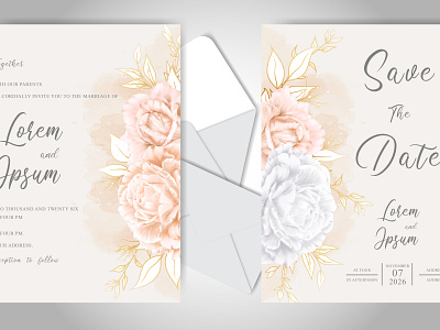 Elegant wedding invitation set template with watercolor roses beautiful bouquet card decoration decorative design elegant floral flower frame greeting illustration invitation invite leaf rose template vector watercolor wedding