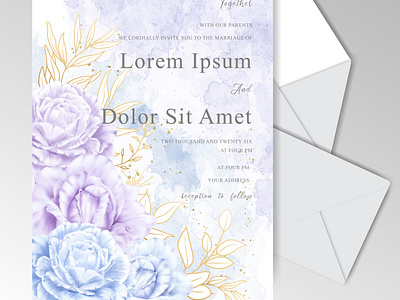 Watercolor floral wedding invitation cards with golden leaves