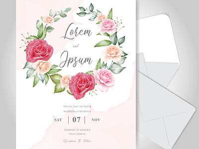 Beautiful floral wedding invitation card with watercolor creamy