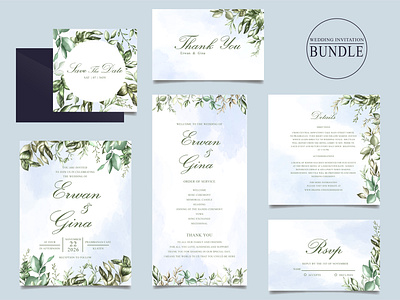 Wedding invitation card bundle with green leaves template background botanical bundle card decoration design floral flower frame green greeting illustration invitation nature pink set spring template vintage wedding