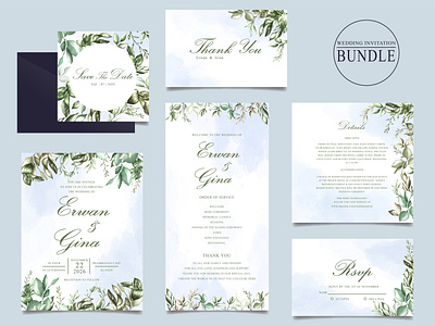 Wedding invitation card bundle with green leaves template