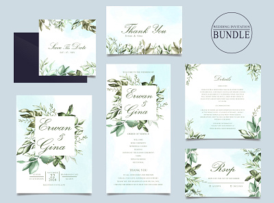 Wedding invitation card bundle with green leaves template background botanical bundle card decoration design floral flower garden green illustration invitation leaves nature set spring template vintage wedding wreath