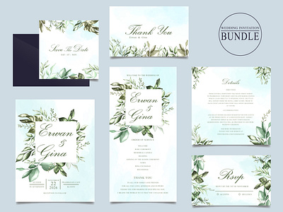 Wedding invitation card bundle with green leaves template