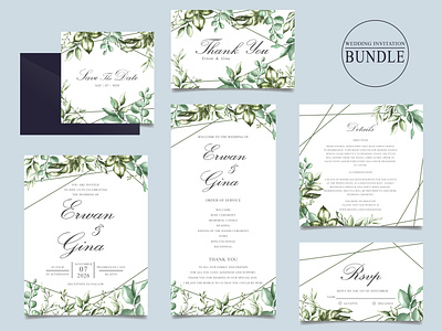 Wedding invitation card bundle with green leaves template by Federiqo E ...