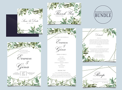 Wedding invitation card bundle with green leaves template background botanical bundle card decoration design floral flower garden green illustration invitation leaves nature set spring template vintage wedding wreath