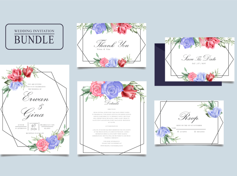 Wedding invitation card bundle with watercolor floral and leaves by ...