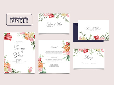 Wedding invitation card bundle with watercolor floral and leaves autumn blog bunch bundle card design embellishment fall flowers garden hand painted illustration invitation peonies planners printable roses scents template wedding