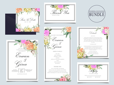 Wedding invitation card set with watercolor floral and leaves