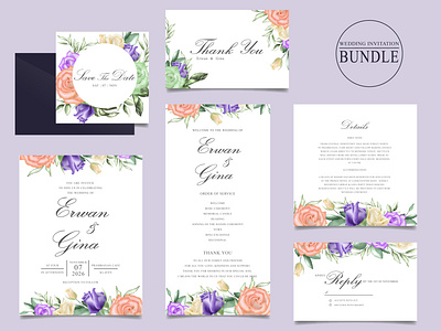 Wedding invitation card set with watercolor floral and leaves