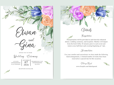 Wedding invitation card with watercolor Floral and leaves