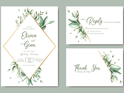 Wedding invitation card with watercolor Leaves