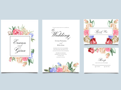 Wedding invitation card set with watercolor floral and leaves background botanical card celebration design floral frame illustration invitation invite leaf nature pattern set spring summer template vector watercolor wedding
