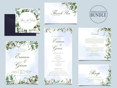 Wedding invitation card bundle with green leaves