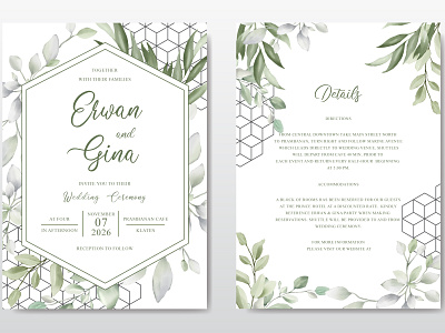 Elegant Wedding invitation Card Template with Watercolor Leaves