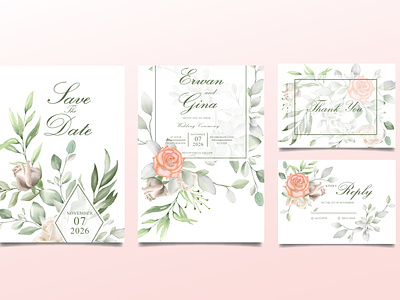Wedding Invitation Card Set with Watercolor Floral and Leaves