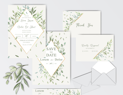 watercolor wedding stationary template collection with greenery background botanical branch collection design drawing floral flower green greenery illustration invitation isolated leaf leaves plant spring summer template watercolor