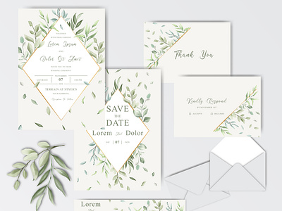 watercolor wedding stationary template collection with greenery