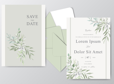 Elegant Watercolor Wedding Invitation with Greenery Foliage beautiful branch card decoration design elegant floral foliage frame green greenery illustration invite leaf nature spring vector vintage watercolor wedding