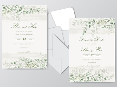 Elegant Watercolor Wedding Invitation Cards with Beautiful Leave beautiful bouquet card decoration decorative design elegant floral frame green greenery illustration invitation invite leaf plant rustic vector watercolor wedding