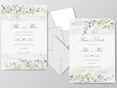 Elegant Watercolor Wedding Invitation Cards with Beautiful Leave