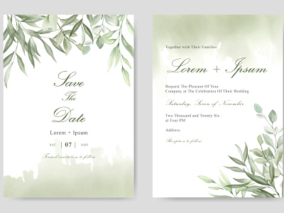 Elegant Hand drawn Wedding invitation card with Beautiful Leaves