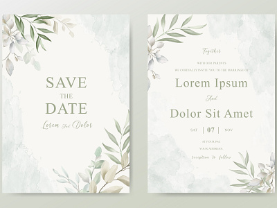 Elegant Watercolor Wedding invitation card with Beautiful Leaves beautiful bouquet card decoration decorative design elegant floral frame green greenery illustration invitation invite leaf plant romantic vector watercolor wedding