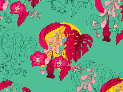 Garden branches drawthisinyourstyle illustration latinamericandesigners orchids pattern patterndesign patternlover patterns print raquelrojas seamless surfacepatterncommunity surfacespatterns textilepattern womenartists