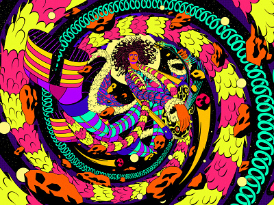 COSMIC DANCER character design colour cosmic drawing feathers flourescent glam guitar illustration music neon psychedelic rock rock n roll space