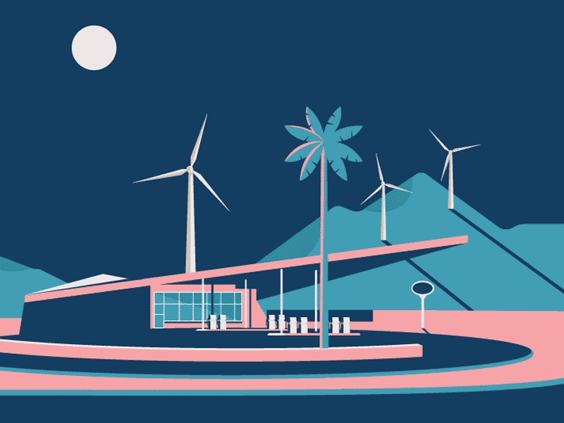 Palm Springs gasstation gif illustration palmsprings paltree travel travelposter vector windturbines