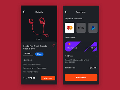 Product Details Page & Payment Page Dark Theme UI Design app appdesign dark app dark ui design ui uidesign ux uxdesign