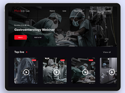 Streaming page design for medical students. UI Design app appdesign dark app dark ui design interaction ui uidesign ux uxdesign
